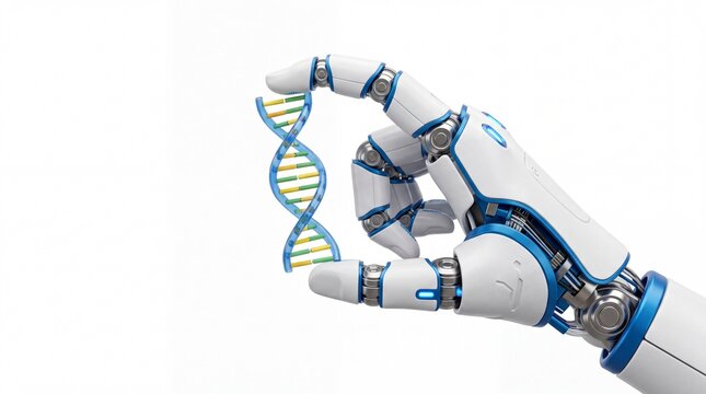 Mechanical robot hand holding a colorful digital dna strand model isolated carefully on white background