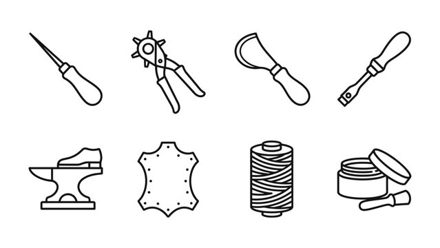 Leatherworking Tools and Materials: A collection of essential tools and materials for leather crafting, including an awl, a punch, a skiving knife, an anvil, leather hide, thread, and polishing balm.