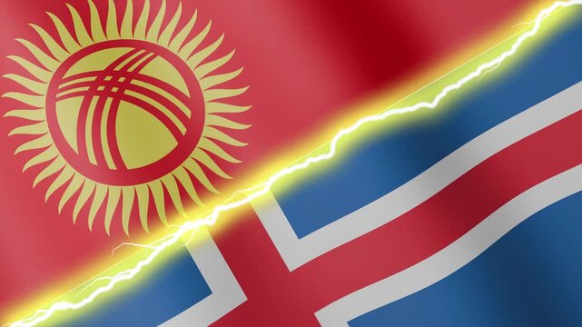 Two waving flags Kyrgyzstan and Iceland with diagonal lightning seamless, 4k loop