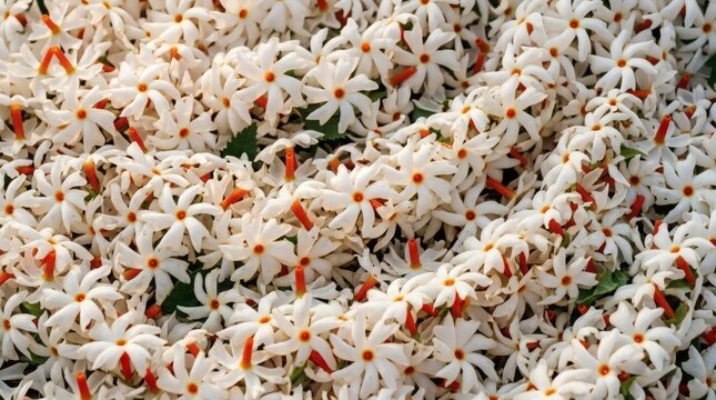 Fresh Fragrant White Parijat Flowers Close-up