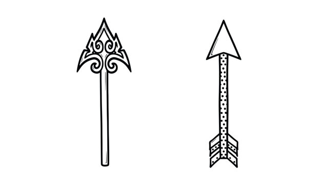 Vintage arrowhead outline vectors presenting a traditional patterned spearhead alongside a dotted arrow with feathered fletching.