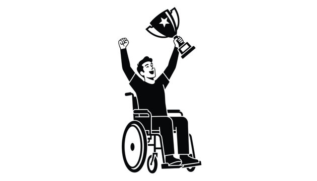 Black and white silhouette illustration of a smiling man in a wheelchair raising his arms to celebrate victory with a trophy.