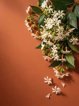 Fresh Parijat Flowers and Leaves on Earthy Orange Background