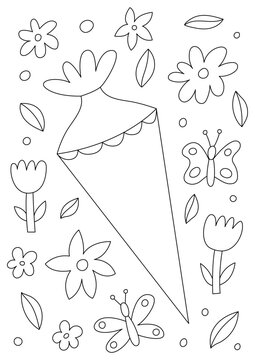 School Cone with Flowers Coloring Page. German Candy Cone Coloring Book. Outline School Start for Children. Back to School Vector Template for Coloring Drawing