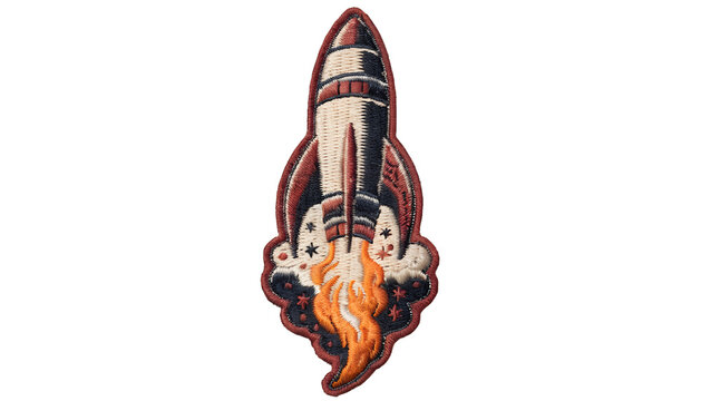 Vintage embroidered rocket patch, classic retro space rocket launching upward with a bright stylized flame trail, small stars and subtle clouds of smoke around the base, detailed layered thread embroi