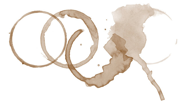 Coffee stain ring abstract watercolor brown splash on white background with circular mark, blot, drip, and soft texture