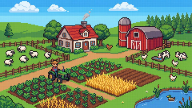 Pixel Art Farmer Tractor Farm Animals Red Barn, Farming Pixel Art Scene Tractor Livestock Crops and Barn