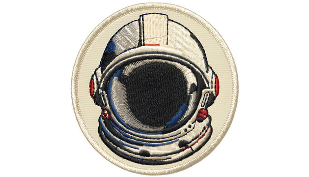 Vintage embroidered astronaut helmet patch, classic white space helmet with reflective dark visor, subtle blue and red details, highly detailed stitched embroidery, layered thread texture, woven fabri