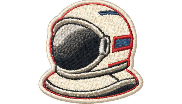 Vintage embroidered astronaut helmet patch, classic white space helmet with reflective dark visor, subtle blue and red details, highly detailed stitched embroidery, layered thread texture, woven fabri
