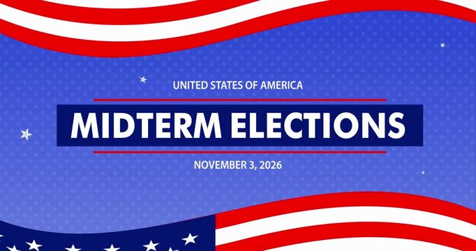 4K US Midterm Elections November 3 2026 title motion graphic with American flag waves background. Suitable for political news intro, campaign overlay, broadcast