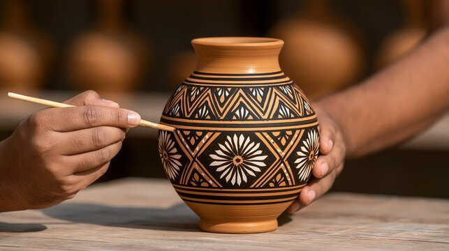 Hands painting geometric patterns on a ceramic vase outdoors  