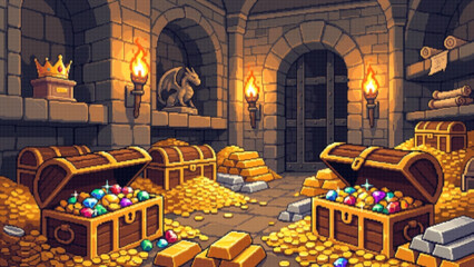 Pixel Art Dungeon Treasure Room Gold Coins Gems Chests, Fantasy Dungeon Treasure Room Pixel Art Gold and Gems © shakilcreativework