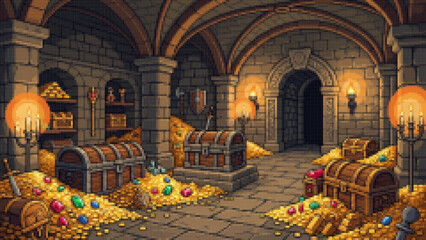 Pixel Art Treasure Room Filled with Gold and Chests, Fantasy Dungeon Treasure Hoard Pixel Art Gold and Chests © shakilcreativework