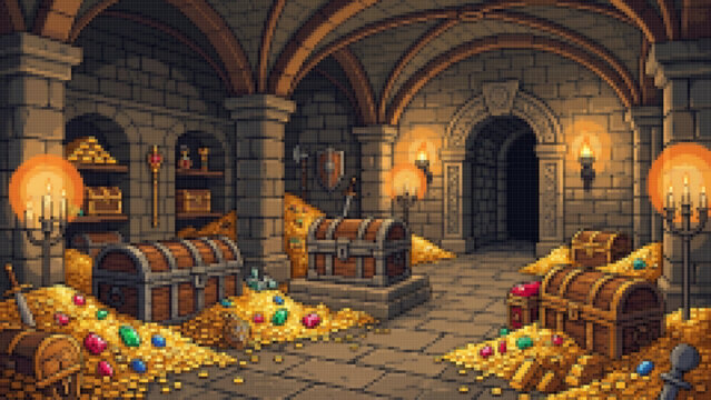 Pixel Art Treasure Room Filled with Gold and Chests, Fantasy Dungeon Treasure Hoard Pixel Art Gold and Chests