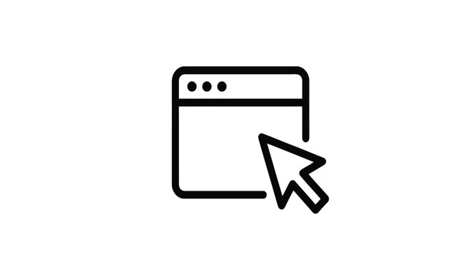 Minimalist black outline icon showing a digital web browser window with a pointing arrow cursor on a clean white background