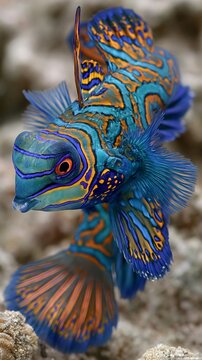 A vibrant mandarin fish with intricate blue and orange patterns swims against a blurred rocky background.