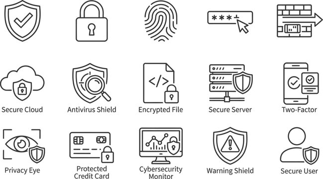 Modern Cybersecurity Icons Set Featuring Protection, Encryption, and Safety Concepts
