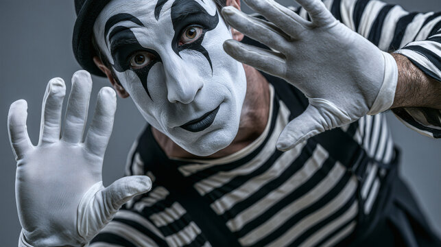 Close Up Portrait Of A Mime Posing With Gloved Hands