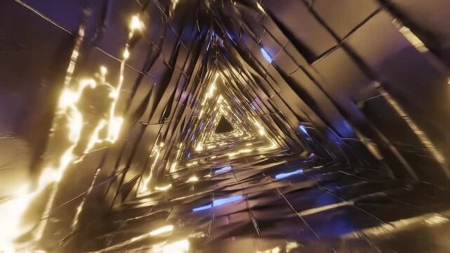 Seamless 3D animation loop of flying through a futuristic dark metallic triangular tunnel. Geometric walls glow with bright yellow and blue neon energy lines. Perfect sci-fi VJ background.