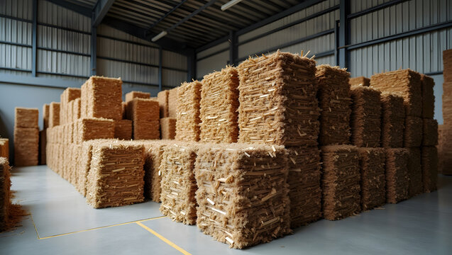 Large modern industrial warehouse interior filled with neatly stacked rectangular bales of natural brown coconut fiber coir material ready for manufacturing product export distribution and global trad