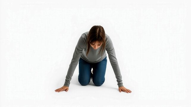 A young Caucasian woman with brown hair kneels on the floor, leaning forward with her hands on the ground. She wears a gray sweater and blue jeans.