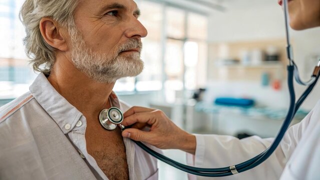 Hands of a doctor placing a stethoscope on a senior man's chest during a medical checkup, senior healthcare, medical exam, trust and care.