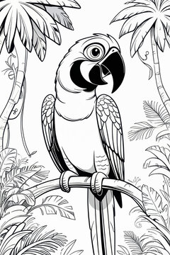 A cute mako parrot in cartoon style, sitting on a tree branch in the jungle. It has rounded features, large expressive eyes and a friendly smile. Suitable for coloring.