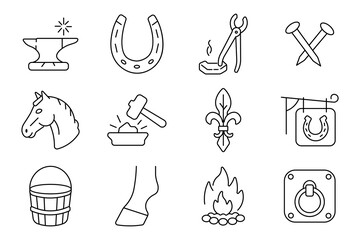 Blacksmith set icon. Anvil, horseshoe, hot forging tongs, crossed nails, horse head, hammer, fleur de lis, workshop sign, wooden bucket, hoof, campfire, ring plate, farrier, metalworking © Кирилл Макаров