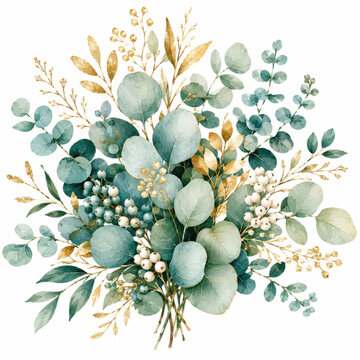 Beautiful watercolor eucalyptus bouquet with gold leaves and branches