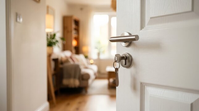 A close up view of a white interior door with keys in the lock provides a welcoming real estate concept showcasing a bright living room interior with a sofa in soft focus