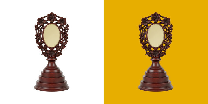 Ornamental wood trophy with blank plaque on tiered base transparent png
