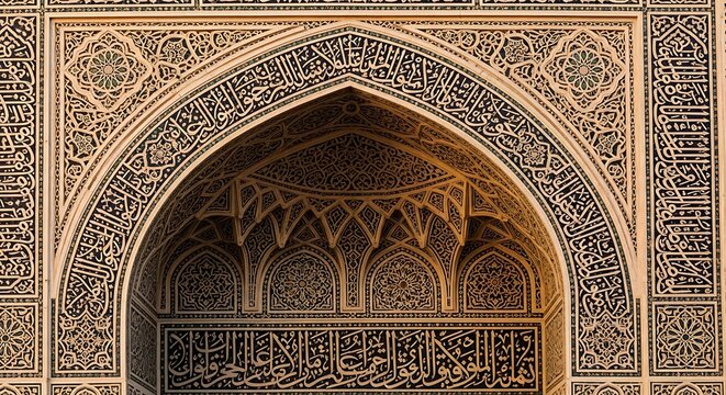 Islamic stone carvings with detailed Arabic script.