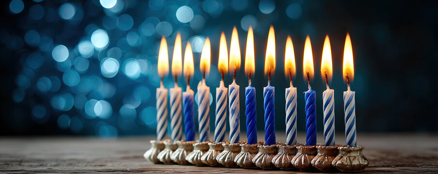 Jewish menorah with candles lit for Hanukkah celebration on a festive background