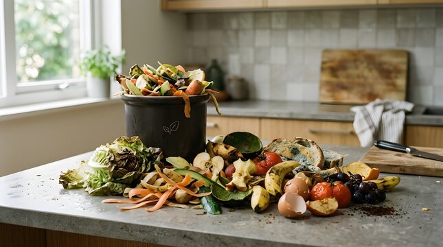 Household Food Waste with Spoiled Fruit and Vegetables on Modern Kitchen Counter