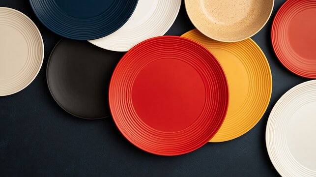 Colorful ceramic plates arranged on dark background  