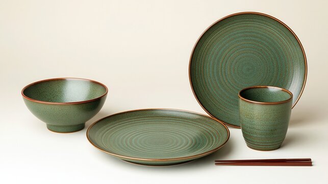 Green ceramic tableware set with chopsticks on a white background  