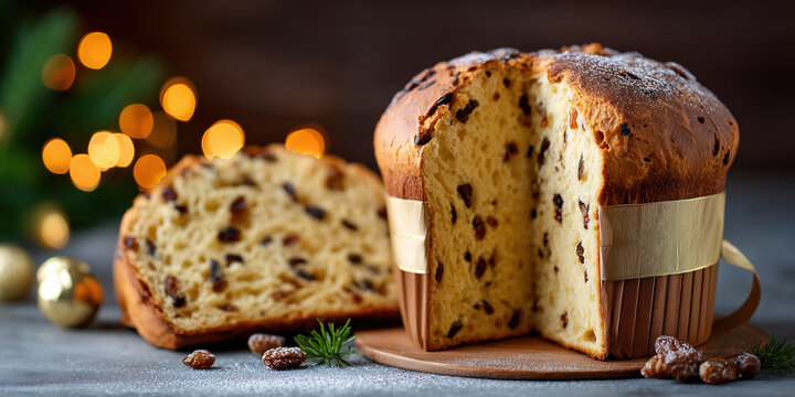 Panettone is a traditional Italian Christmas bread with a domed shape placed on wooden surface alongside a slice and festive decorations