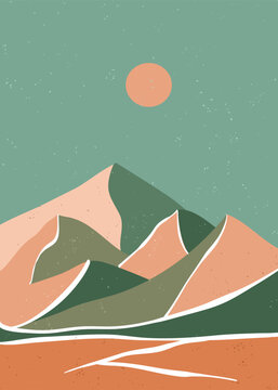 Beautiful landscape mountains. Geometric landscape background in mid century modern art style. mountains, hills and forest. use for print art, poster, cover and banner