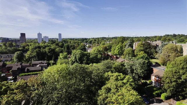 Aerial Drone Panning View of Selly Oak, Edgbaston and Birmingham City Centre.
 