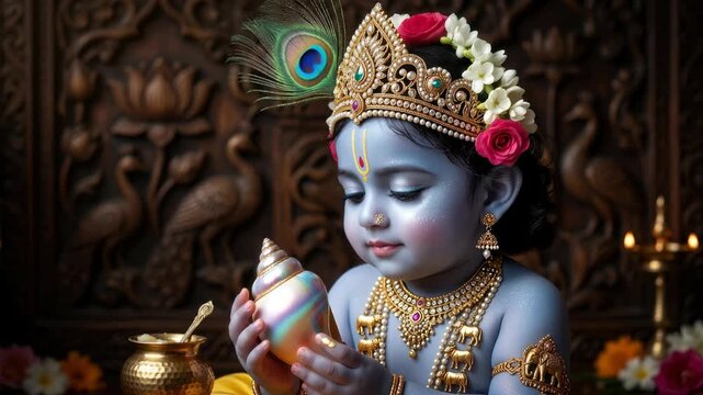 Infant avatar form: Lord Krishna, divine Gopala, holy Madhava, sweet Kanha, hold shankha, wear crown, golden ornament, peacock feather, butter pot, dark background.