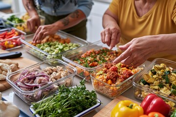 Obraz premium Hands Preparing Colorful Meal Prep in Kitchen