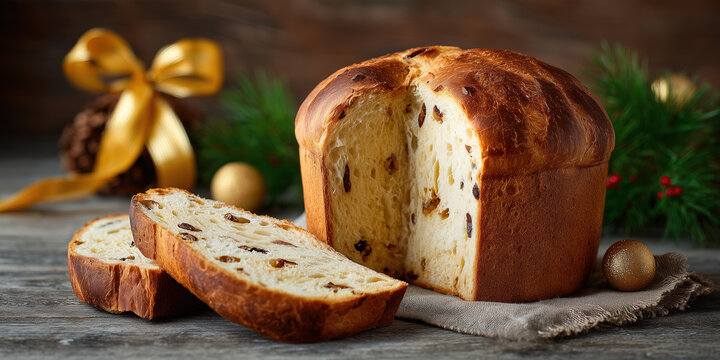 Traditional Italian Panettone for Christmas celebrations with sliced pieces and decoration in the background