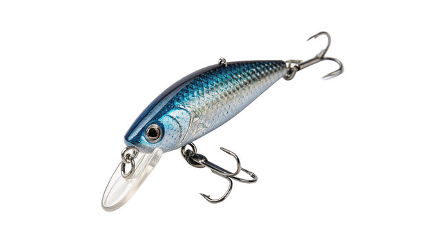 Blue metallic fishing lure crankbait with treble hooks isolated on transparent background for outdoor sport angling equipment.