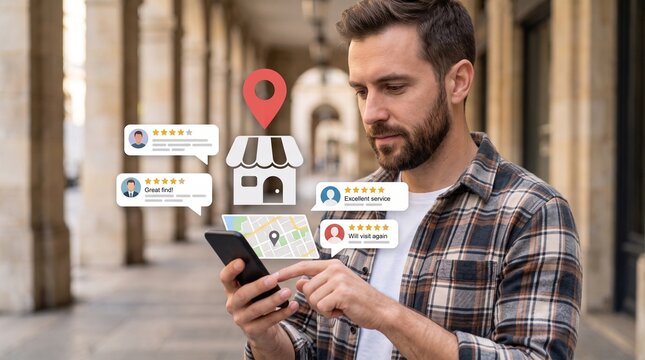 Man using smartphone to check local business store reviews and map location navigation