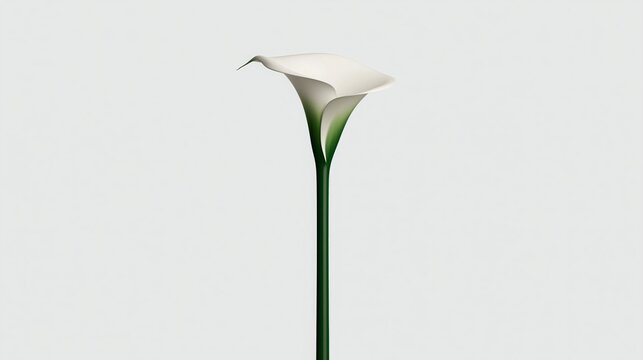 White calla lily on a long green stem against a plain background  