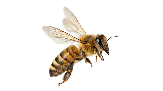 Detailed worker honey bee flying insect isolated on transparent background for wildlife biodiversity honey production.