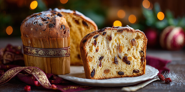 Traditional Italian Panettone on a plate with holiday decorations in the background