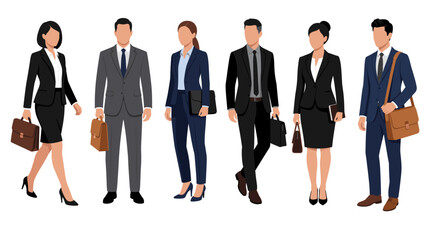 Obraz premium Professional vector collection featuring different American men and women wearing Office Siren fashion, fitted blazers, pencil skirts, tailored trousers, button-up shirts, slim ties, pointed heels