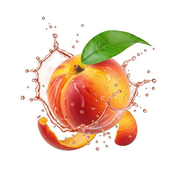 A vibrant and juicy peach with a leaf exploding with freshness and energy.