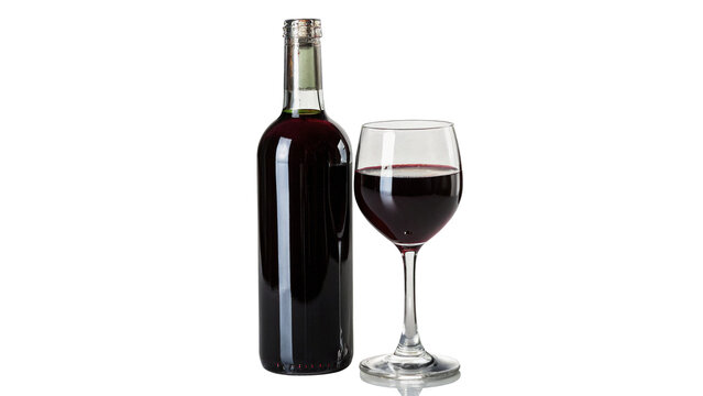 Glass and bottle of dark red wine isolated on transparent background for luxury restaurant dining menu designs.